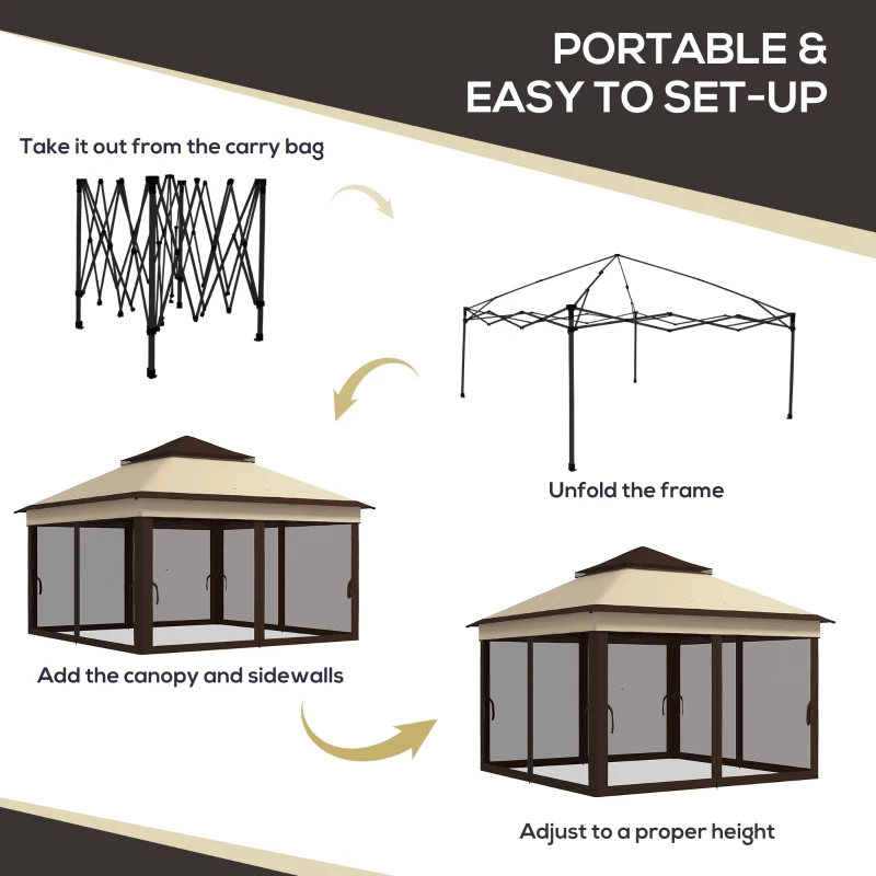 Outsunny 10.7 x 10.7ft Pop Up Gazebo, Adjustable Instant Sun Shelter with UV30+ Roof Cover, Removable Mesh Curtains, Beige
