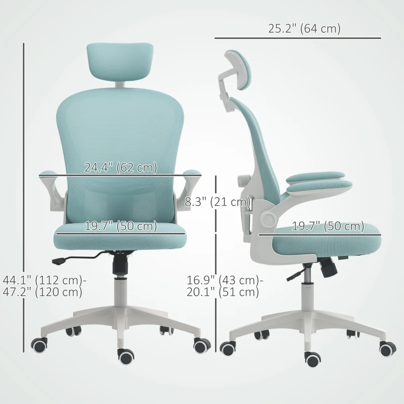 Vinsetto Office Chair, Mesh Computer Desk Chair with Adjustable Headrest, 4D Lumbar Support, Flip-up Arm, Light Green