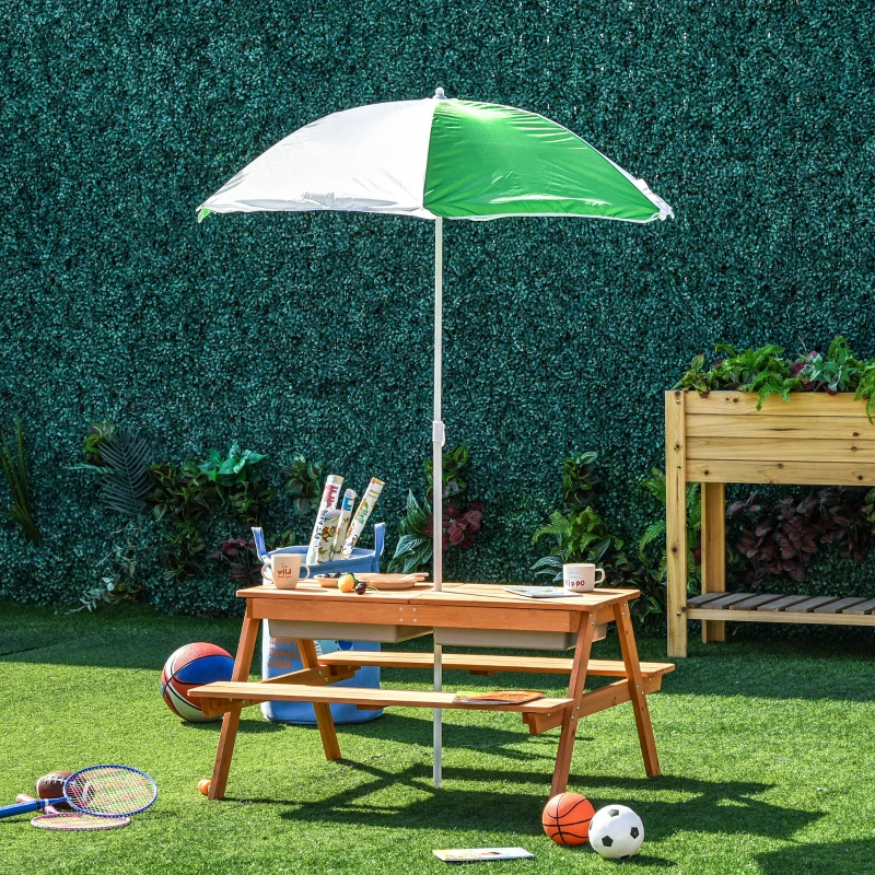 Outsunny Kids 3 in 1 Sand and Water Table, Wooden Outdoor Convertible Picnic Table with Umbrella and Storage Inside, Bench Backyard Furniture for Garden, Patio, or Balcony