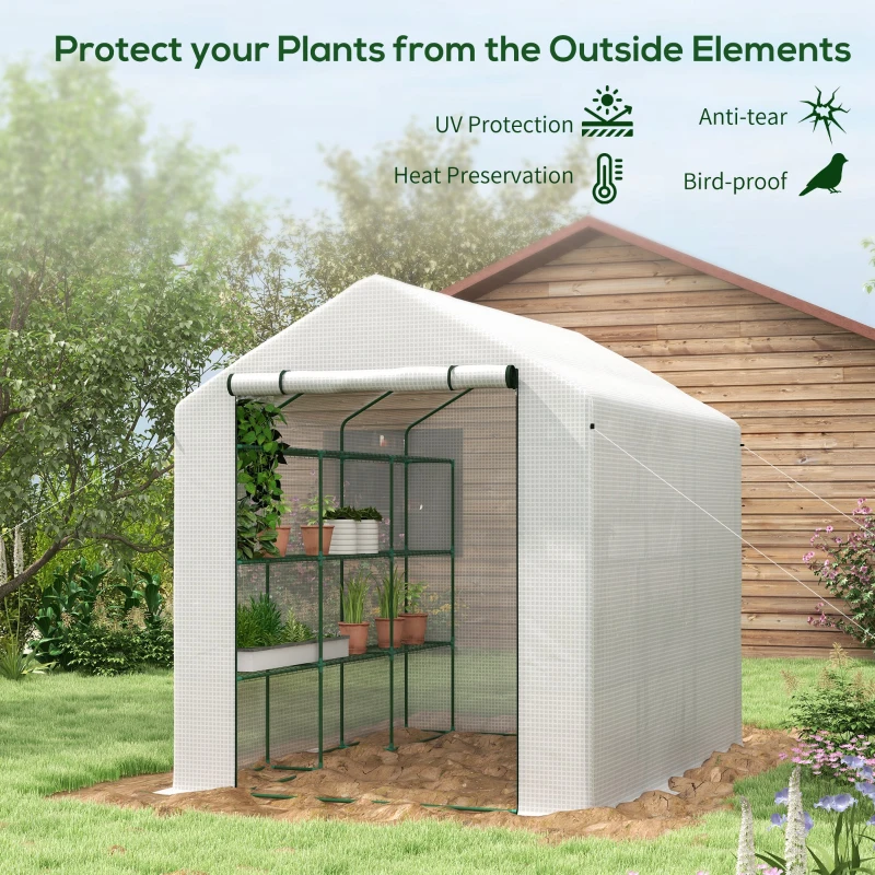 Outsunny Outdoor Walk-in Greenhouse with Roll-up Zipper Door, 18 Shelves, PE Cover, 95.25" x 70.75" x 82.75", White