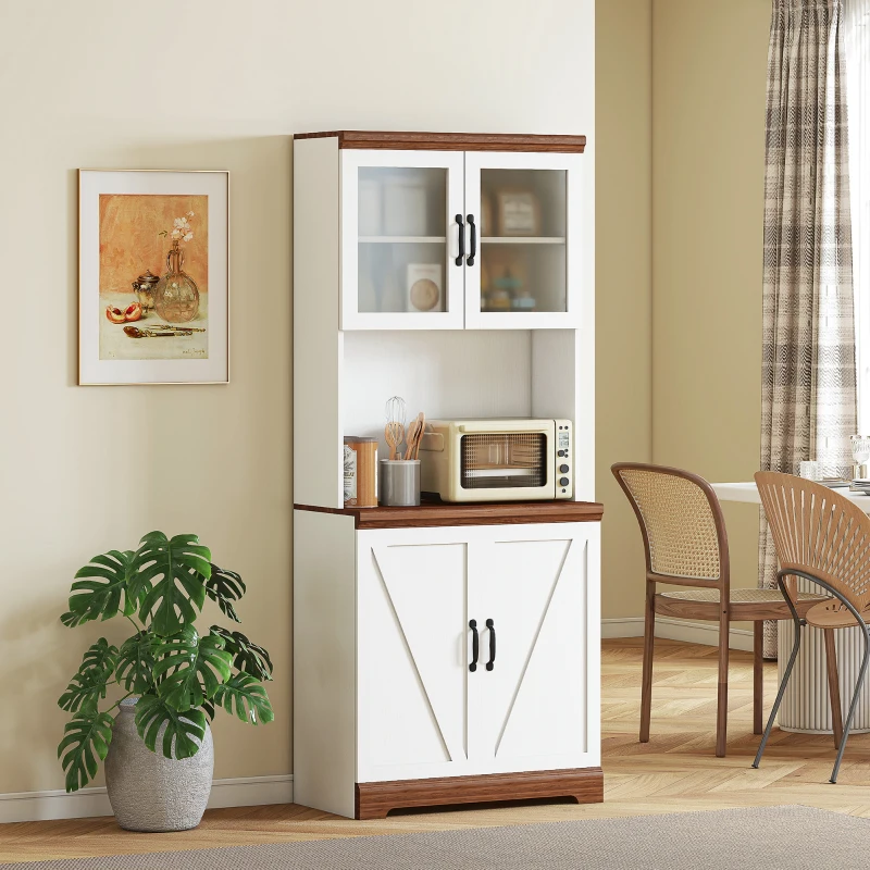 HOMCOM 70" Farmhouse Pantry Cabinet, Kitchen Hutch Storage Cabinet with Glass Doors, Adjustable Shelves, Open Microwave Countertop, White