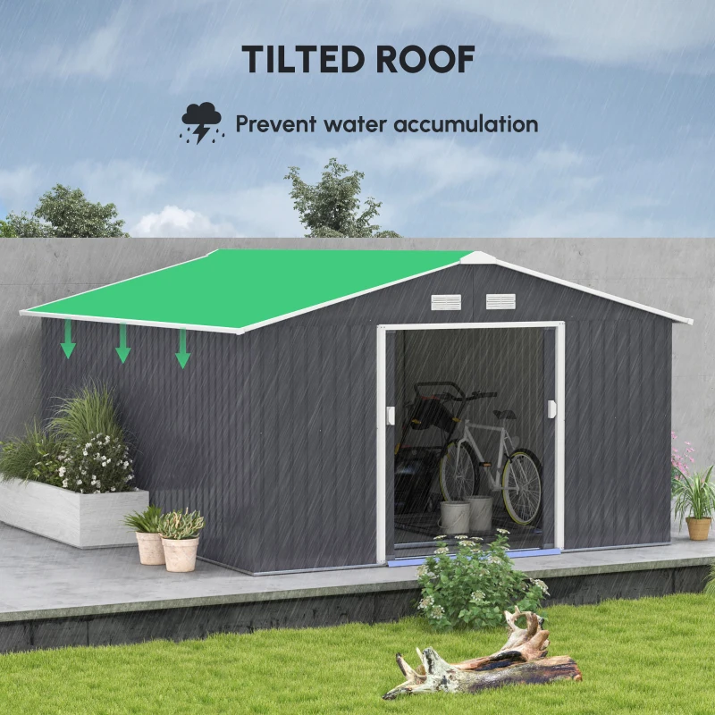 Outsunny 11' x 13' Garden Metal Shed, Storage Shed Utility Storage with Double Locking Doors for Bike, Yard Tools, Dark Gray