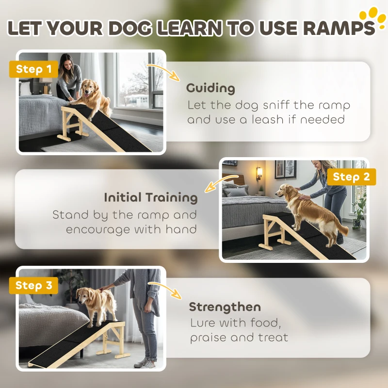 PawHut Pet Ramp Bed Steps for Dogs Cats Non-slip Carpet Top Platform Pine Wood 59"L x 16"W x 20"H Natural Wood