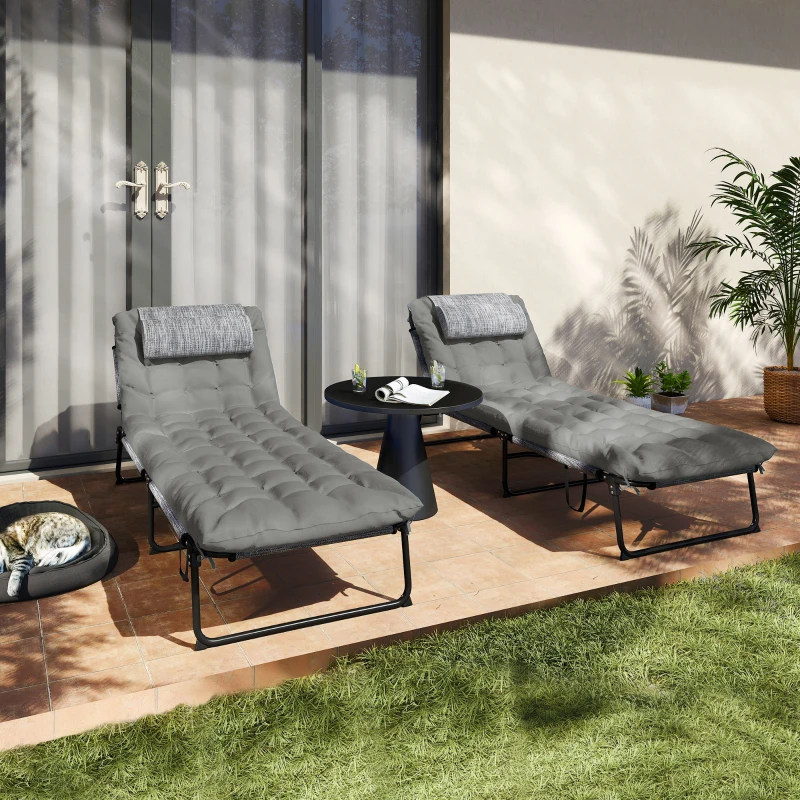 Outsunny 2-Piece Folding Lounge Chairs with Adjustable Backrest, Tanning Chair with Cushion, Side Pocket, Headrest, Grey