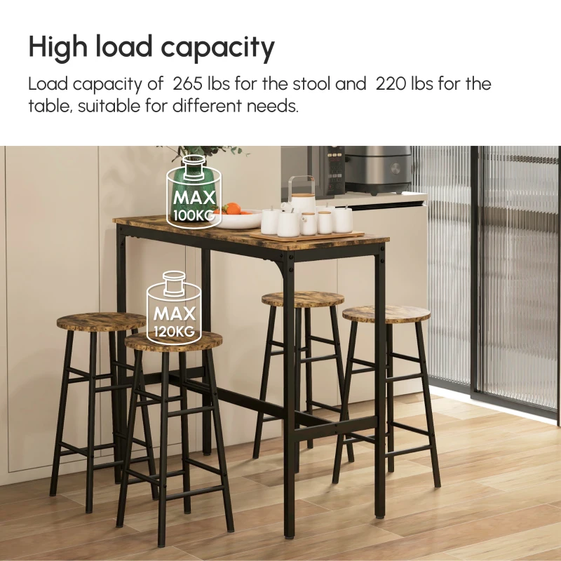 HOMCOM Industrial Bar Height Bar Table and Chairs, Kitchen Table and Chairs Set for 4, 5-Piece Breakfast Table Set