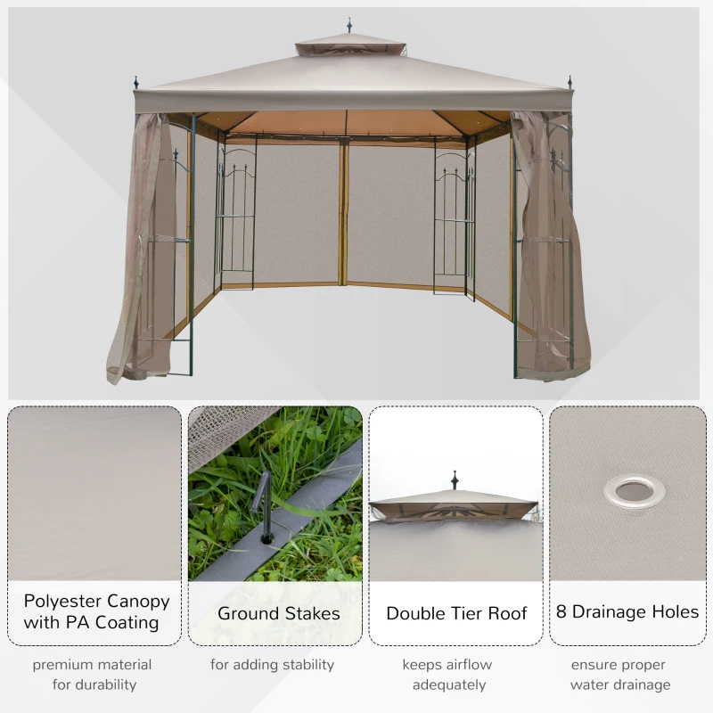 Outsunny 10' x 10' Patio Gazebo with Corner Frame Shelves, Double Roof Outdoor Gazebo Canopy Shelter with Netting for Patio, Wedding, Catering & Events, Brown