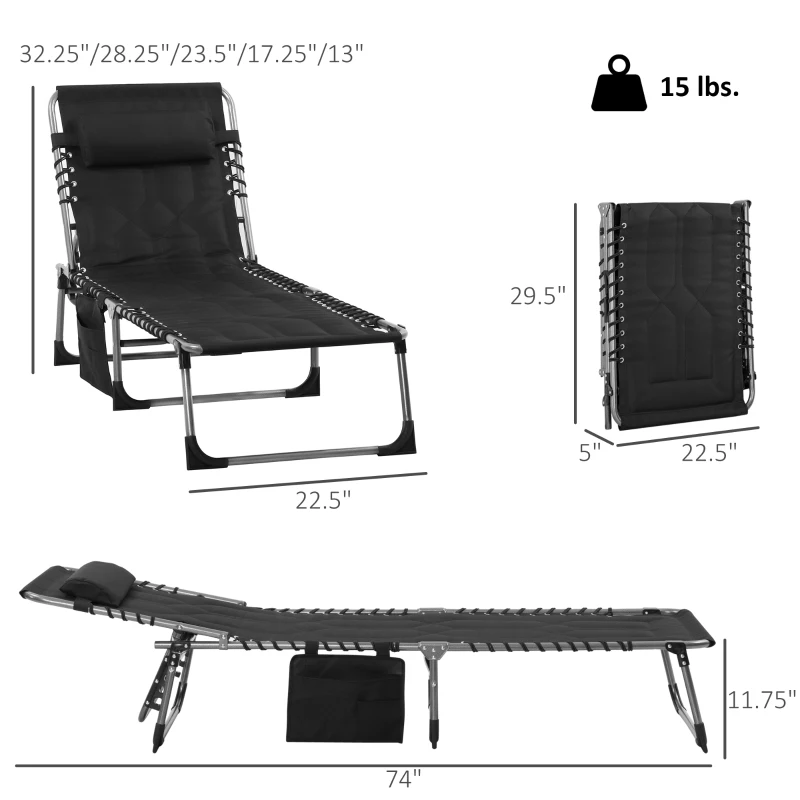Outsunny Padded Folding Chaise Lounge Chair, Outdoor 6-Level Reclining Camping Tanning Chair with Headrest for Beach, Yard, Patio, Pool, Black