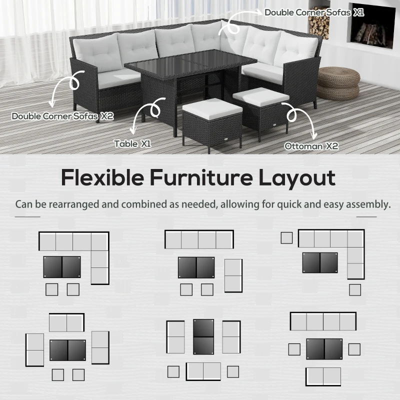 Outsunny 6pcs Outdoor Rattan Sofa Set Garden Wicker Sectional Couch Furniture Set with Dining Table and Chair White