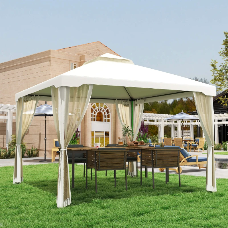 Outsunny 10' x 10' Patio Gazebo Outdoor Pavilion 2 Tire Roof Canopy Shelter Garden Event Party Tent Yard Sun Shade Steel Frame w/ Mosquito Netting Cream White