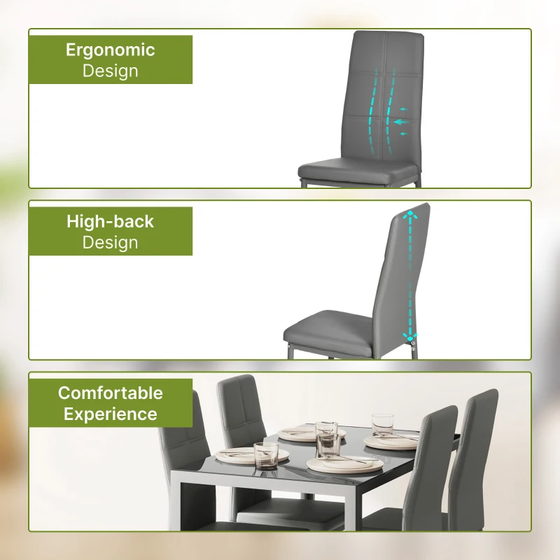 HOMCOM 5-Piece Rectangular Glass Kitchen Table and Chairs with Metal Frame and Faux Leather Upholstery for Dining Room, Grey