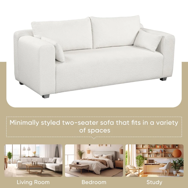 Boucle Fabric Loveseat Sofa with One-Piece Seat Frame, Extra Wide Domed Arms, 2-3 Seat Couch with 2 Pillows, 82" L x 36" W x 34" H, White