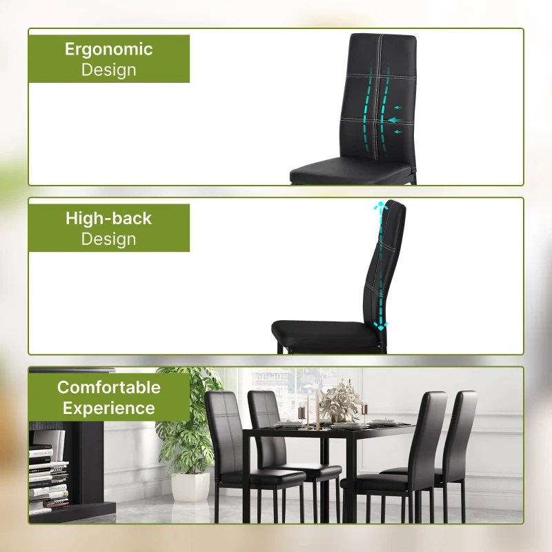 HOMCOM 5-Piece Rectangular Glass Kitchen Table and Chairs with Metal Frame and Faux Leather Upholstery for Dining Room, Black