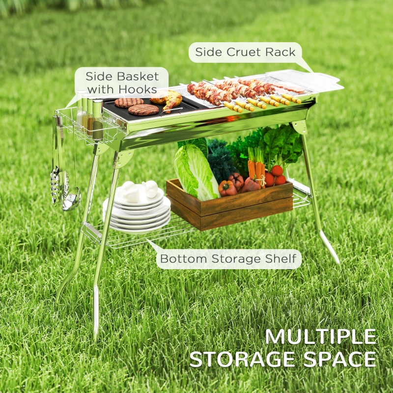 Outsunny Charcoal Barbecue Grill Stainless Steel Portable Folding Charcoal BBQ Grill Stainless Steel Camp Picnic Cooker