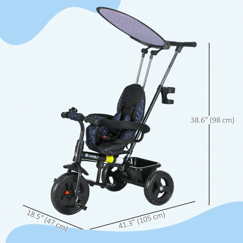 Qaba 6 in 1 Kids Tricycle with Removable Handlebar and Canopy, Navy Blue