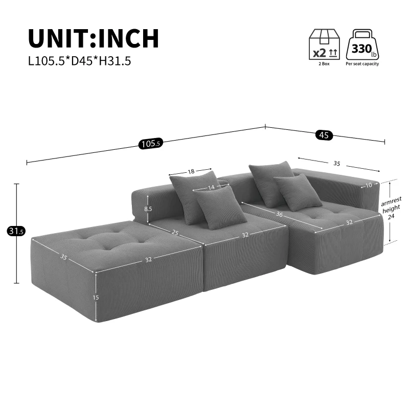 L-Shaped Tufted Modular Sectional Sofa with 4 Pillows, High-Density Foam, Minimalist Corduroy Fabric Couch, 105.5" L x 45" W x 31.5" H, Gray