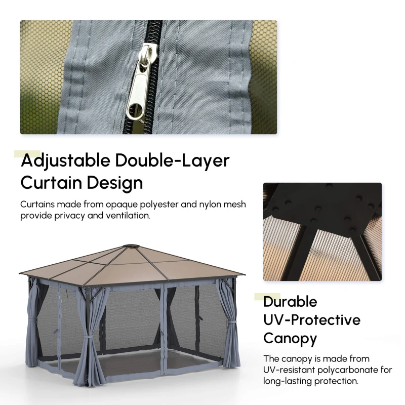 Outsunny 10' x 13' Hardtop Gazebo Aluminum Framed Marquee Party Tent Shelter with Mesh Curtains & Side Walls - Grey