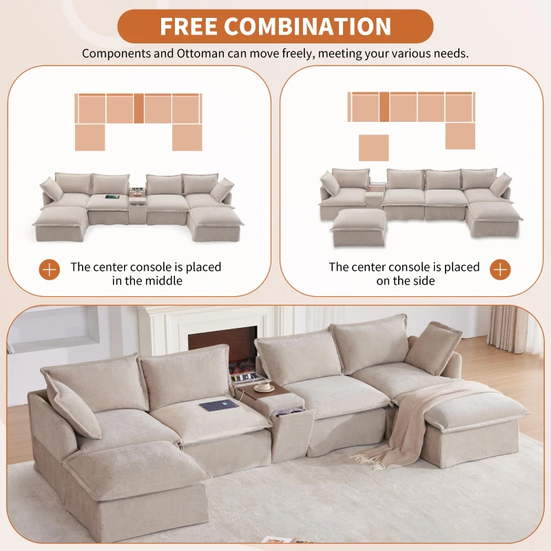 Modular Sectional Sofa with Movable Ottoman and Console, Cup Holder, USB Charger, 6-Seat U-Shaped Couch, 131" L x 59" W x 32" H, Khaki