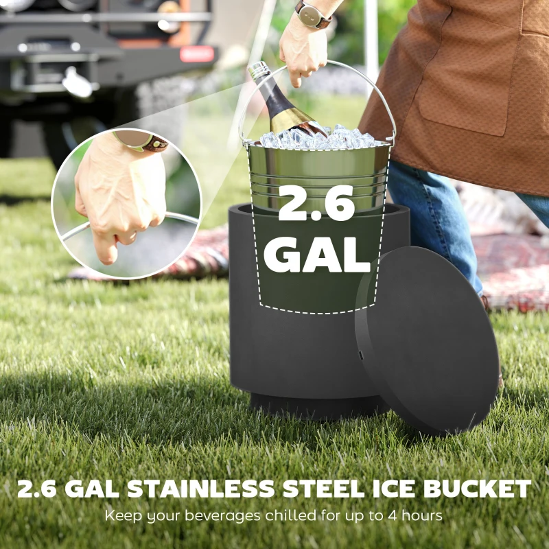 HOMCOM 2.6 Gal Outdoor Side Table, 3-In-1 Concrete Cooler Bar Table with Storage, Removable Ice Bucket and Lid, Charcoal Gray
