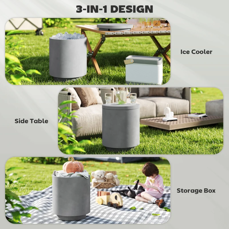 Outsunny 2.6 Gal Outdoor Side Table, 3-In-1 Concrete Cooler Bar Table with Storage, Removable Ice Bucket and Lid, Gray