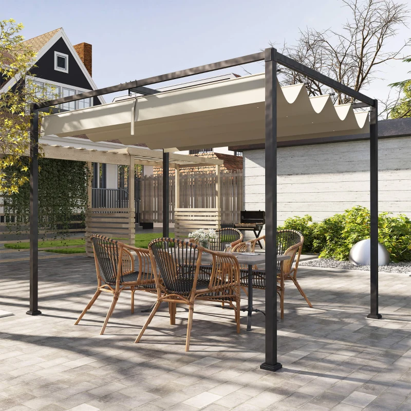 Outsunny 10' x 7' Patio Pergola with Retractable Canopy, Outdoor Sun Shelter, Yard Shade, Khaki