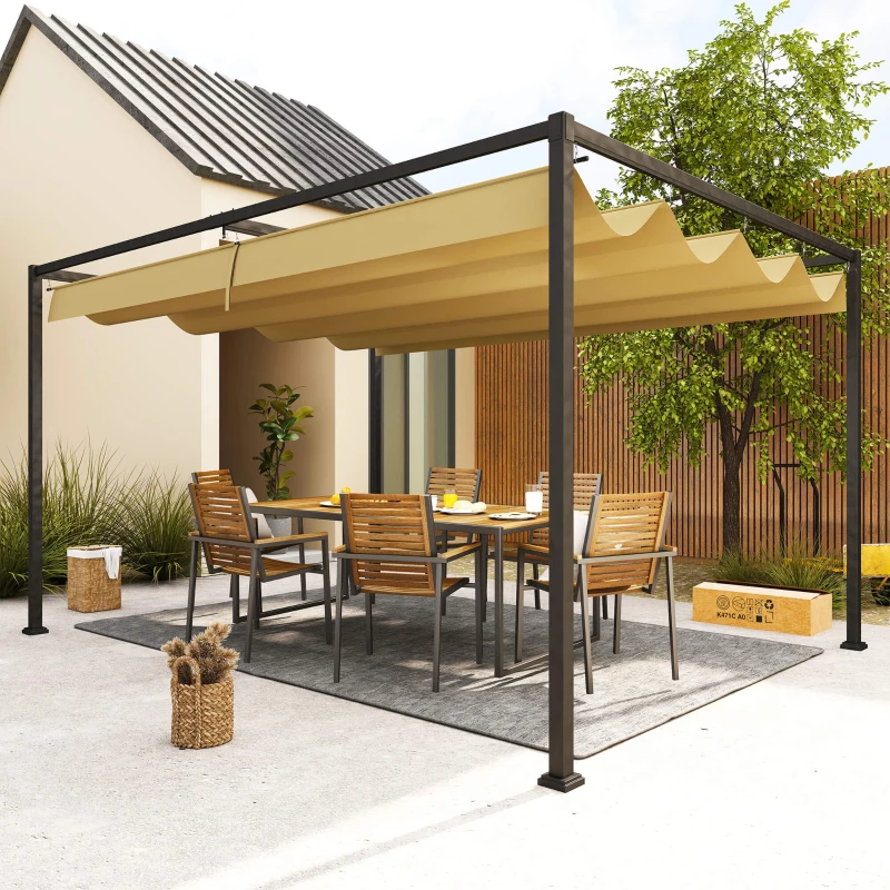 Outsunny 13' x 10' Patio Pergola with Retractable Canopy, Outdoor Sun Shelter, Yard Shade, Khaki