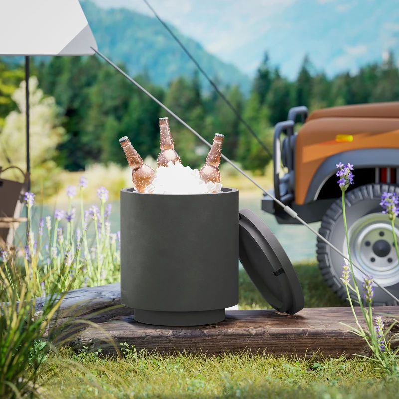 HOMCOM 2.6 Gal Outdoor Side Table, 3-In-1 Concrete Cooler Bar Table with Storage, Removable Ice Bucket and Lid, Charcoal Gray