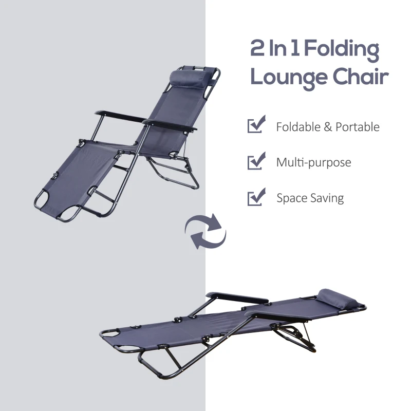 Outsunny Folding Chaise Lounge Chair, Outdoor Portable 2-Level Adjustable Recliner Zero Gravity Chair with Headrest Pillow, Armrests with Storage Mesh Pocket, Grey