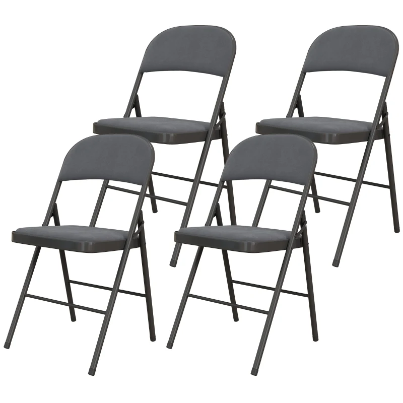 HOMCOM 4 Pack Folding Chairs with Padded Seats, Velvet Portable Party Chairs with Steel Frame, Dark Grey