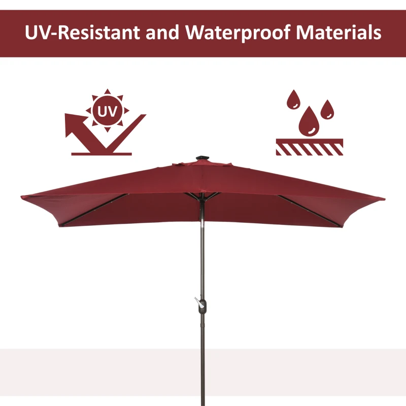 Outsunny 6.5x10ft Patio Umbrella Rectangle Solar Powered Tilt Aluminum Outdoor Market Parasol with LEDs Crank (Wine Red)