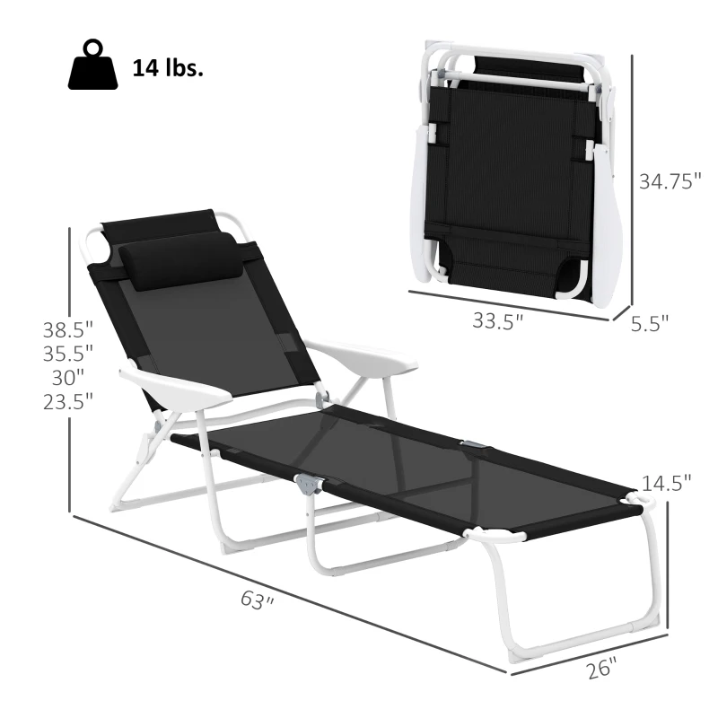 Outsunny Folding Chaise Lounge, Outdoor Sun Tanning Chair, 4-Position Reclining Back, Armrests, Removable Pillow, Black