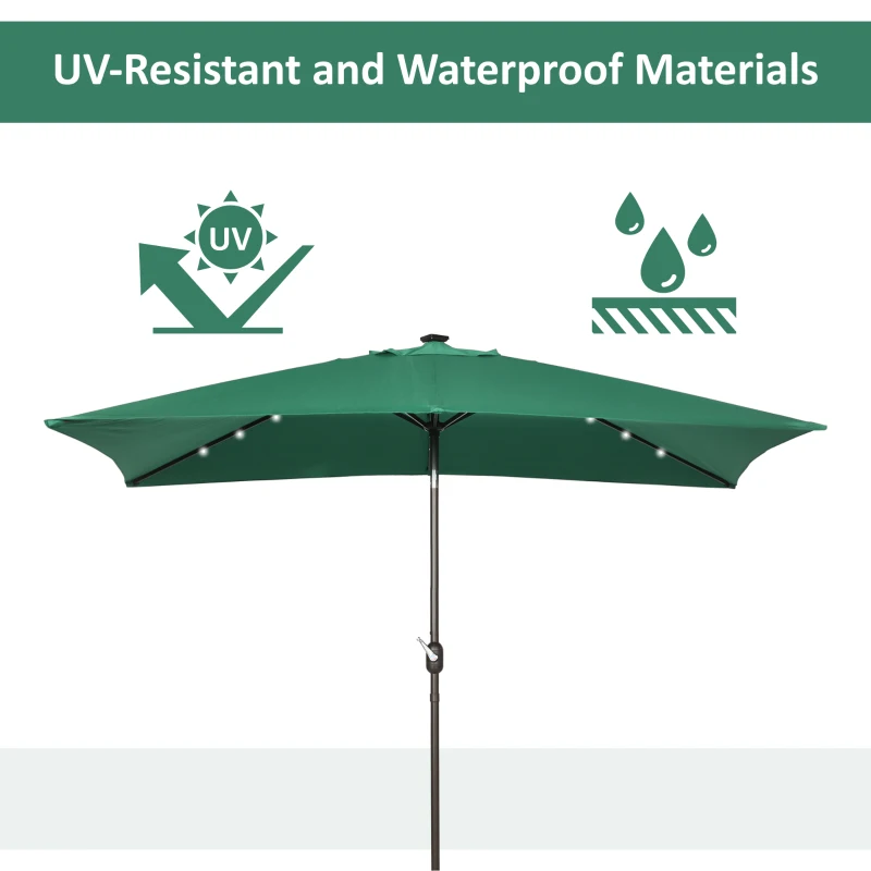 Outsunny 6.5x10ft Patio Umbrella Rectangle Solar Powered Tilt Aluminum Outdoor Market Parasol with LEDs Crank (Dark Green)