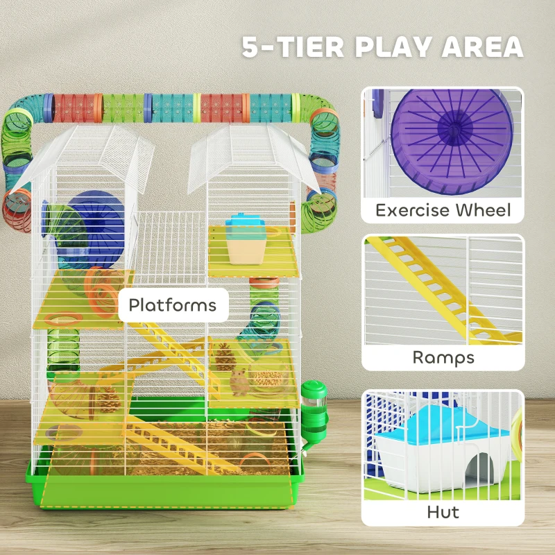 PawHut 18.5" Hamster Cage, 5 Tiers Small Animal House with Tunnel Tube System, Exercise Wheel, Water Bottle, Green
