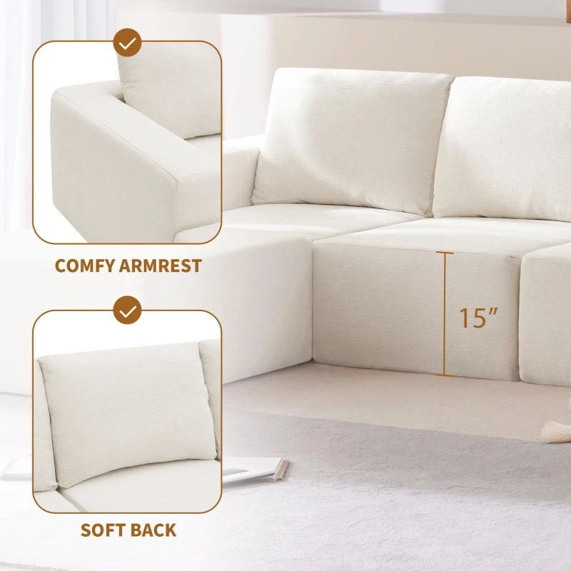 Modular U-Shaped Sectional Sofa with Ottomans, Spring Pack, Fully Compressed Luxury Cloud Chenille Floor Couch, 110" L x 72" W x 30" H, Beige
