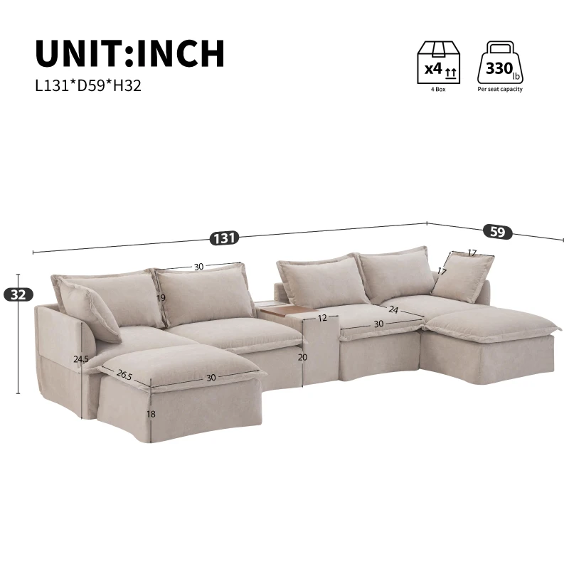 Modular Sectional Sofa with Movable Ottoman and Console, Cup Holder, USB Charger, 6-Seat U-Shaped Couch, 131" L x 59" W x 32" H, Khaki