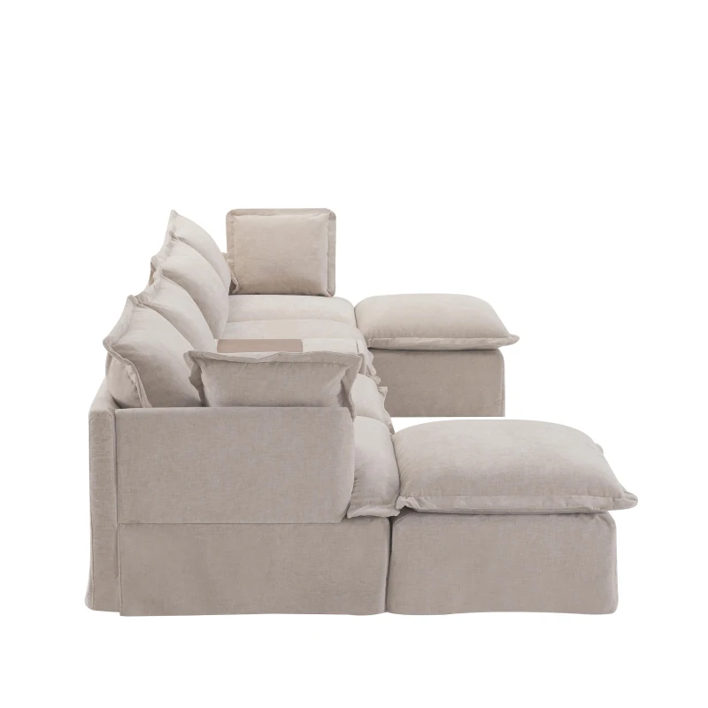 Modular Sectional Sofa with Movable Ottoman and Console, Cup Holder, USB Charger, 6-Seat U-Shaped Couch, 131" L x 59" W x 32" H, Khaki