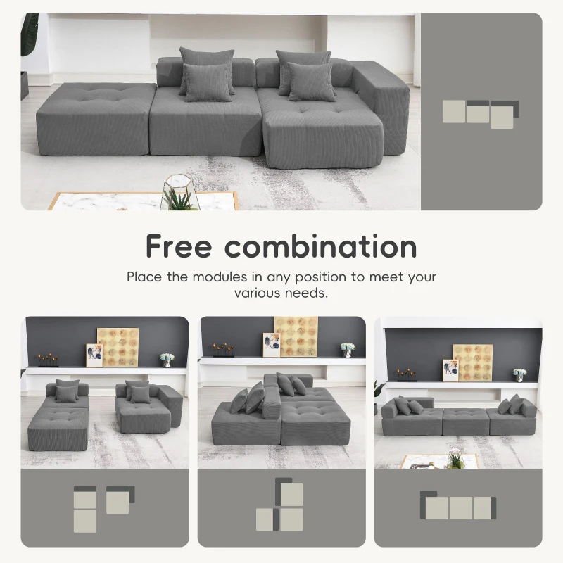 L-Shaped Tufted Modular Sectional Sofa with 4 Pillows, High-Density Foam, Minimalist Corduroy Fabric Couch, 105.5" L x 45" W x 31.5" H, Gray