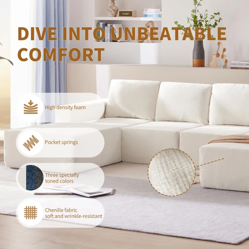 Modular U-Shaped Sectional Sofa with Ottomans, Spring Pack, Fully Compressed Luxury Cloud Chenille Floor Couch, 110" L x 72" W x 30" H, Beige