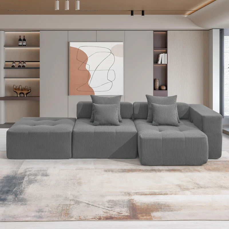 L-Shaped Tufted Modular Sectional Sofa with 4 Pillows, High-Density Foam, Minimalist Corduroy Fabric Couch, 105.5" L x 45" W x 31.5" H, Gray