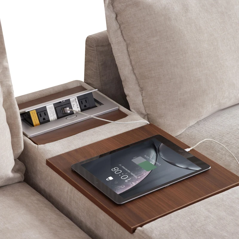 Modular Sectional Sofa with Movable Ottoman and Console, Cup Holder, USB Charger, 6-Seat U-Shaped Couch, 131" L x 59" W x 32" H, Khaki