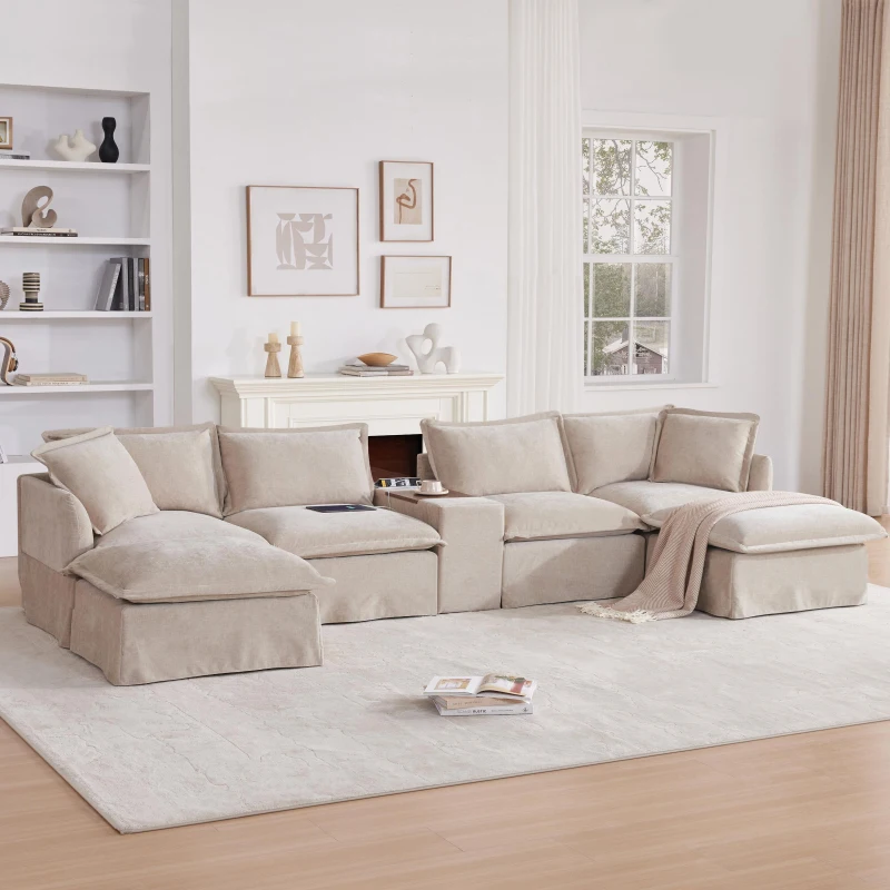 Modular Sectional Sofa with Movable Ottoman and Console, Cup Holder, USB Charger, 6-Seat U-Shaped Couch, 131" L x 59" W x 32" H, Khaki