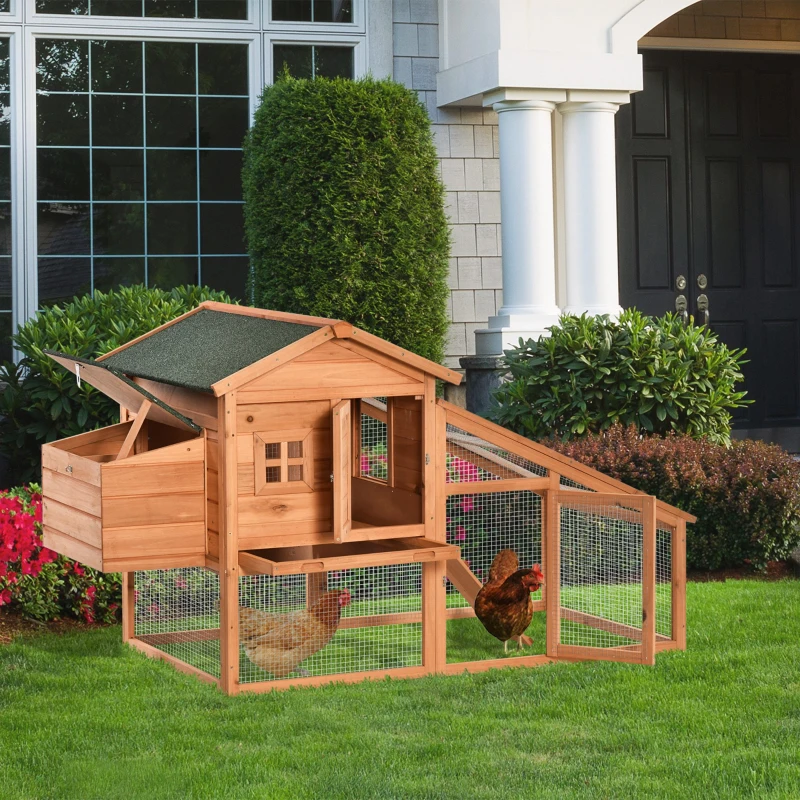 PawHut 69" Chicken Coop Wooden Hen House Rabbit Hutch Poultry Cage Pen Outdoor Backyard with Outdoor Run Resting Nesting Box Removable Tray Waterproof Asphalt Roof Lockable Door Yellow and Green