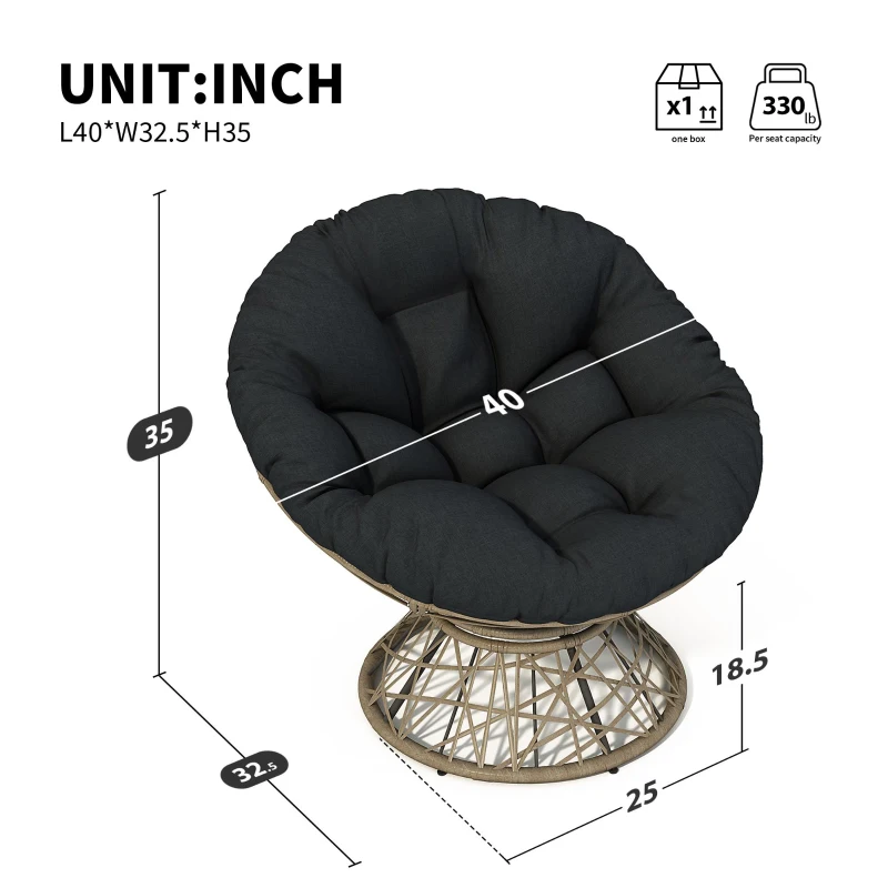 360° Swivel Ergonomic Wicker Papasan Chair with Ultra-Thick Cushion, Metal Frame, Waterproof Fabric, 40" L x 32.5" W x 35" H, Black+Brown