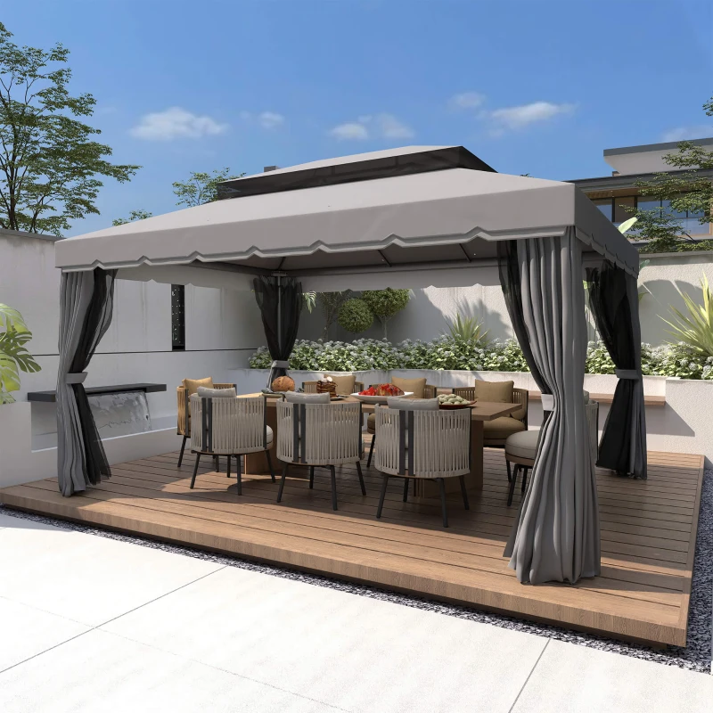 Outsunny 13' x 10' Patio Gazebo, Double Roof Outdoor Gazebo Canopy Shelter with Netting & Curtains, Strong Aluminum Frame, Dark Grey