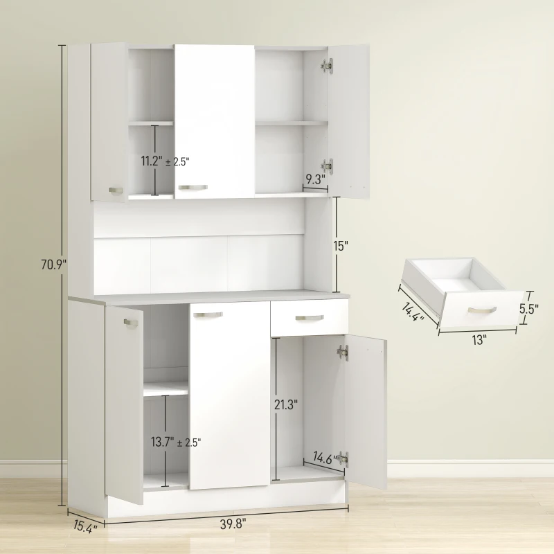 HOMCOM 71" Kitchen Pantry Cabinet, Tall Storage Cabinet with Microwave Stand, Modern Kitchen Hutch with Countertop, 6 Doors, Storage Drawer, 3 Adjustable Shelves for Living Room, Dining Room, White