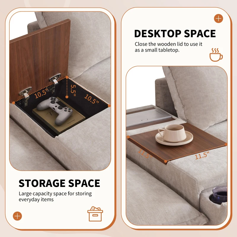 Modular Sectional Sofa with Movable Ottoman and Console, Cup Holder, USB Charger, 6-Seat U-Shaped Couch, 131" L x 59" W x 32" H, Khaki