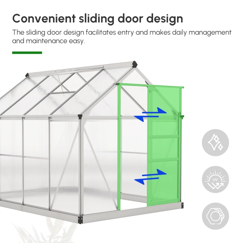 Outsunny 6' x 8' x 6.6' Polycarbonate Greenhouse, Walk-In Green House Kit Garden, Plants Grow, Galvanized Sheet Aluminum Frame with Rain Gutter, Vent and Sliding Door, Silver