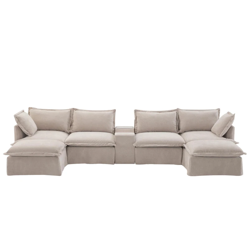 Modular Sectional Sofa with Movable Ottoman and Console, Cup Holder, USB Charger, 6-Seat U-Shaped Couch, 131" L x 59" W x 32" H, Khaki
