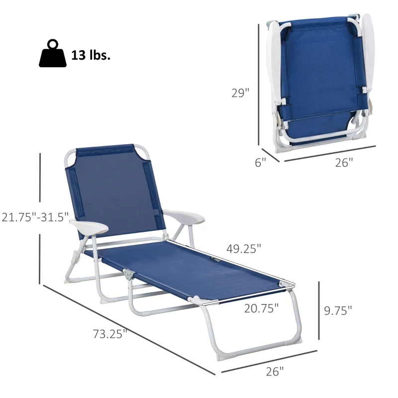 Outsunny Folding Lounge Chair, Portable Outdoor Chaise Lounge, Sun Tanning Chair with 4-Position Reclining Back, Armrests, Metal Frame and Mesh Fabric for Beach, Yard, Patio, Blue