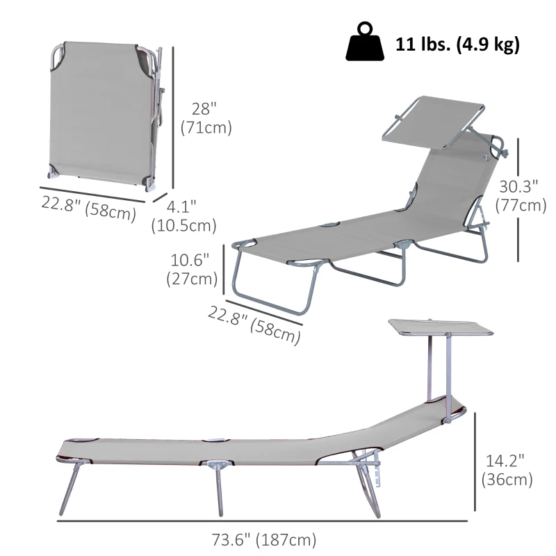 Outsunny Outdoor Lounge Chair, Adjustable Folding Chaise Lounge, Tanning Chair with Sun Shade for Beach, Camping, Hiking, Backyard, Light Grey