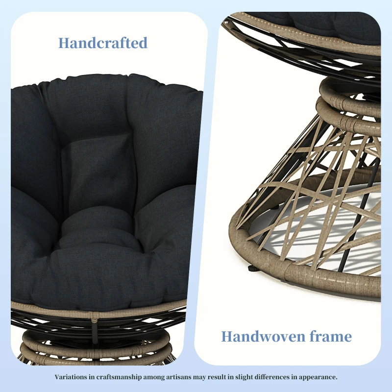 360° Swivel Ergonomic Wicker Papasan Chair with Ultra-Thick Cushion, Metal Frame, Waterproof Fabric, 40" L x 32.5" W x 35" H, Black+Brown